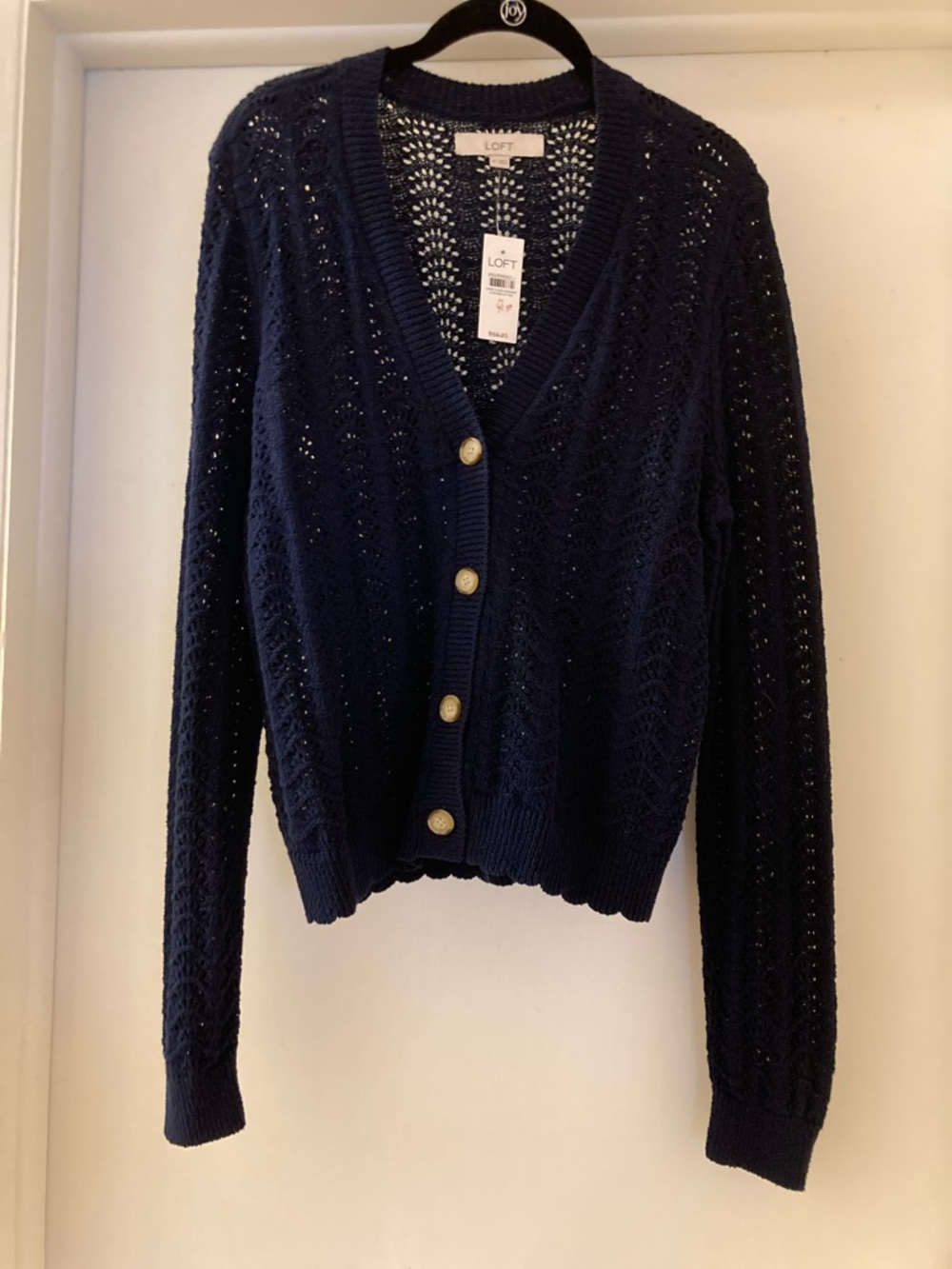 LOFT Navy Open-Knit V-Neck Button Cardigan Sweater